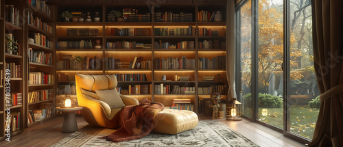 Cozy reading nook with soft lighting and a wall of bookshelves,