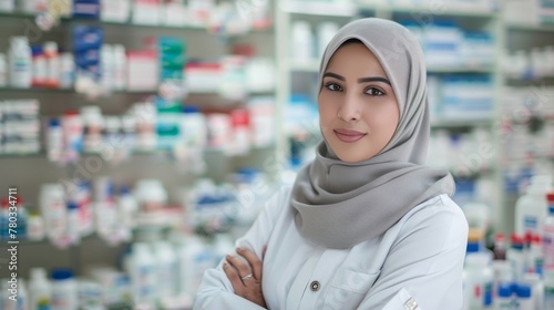 Confident female pharmacist in hijab provides professional healthcare service in modern pharmacy