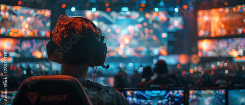 E-sports tournament with gamers competing in a high-energy arena