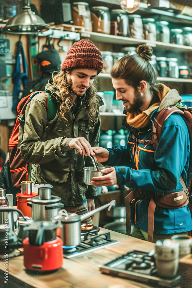 Adventurous young adults inspecting backpacking stoves and lightweight cooking utensils in a specialty store for hiking and camping.