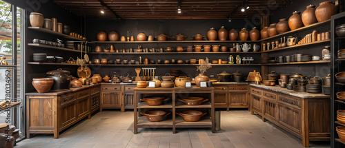 Gourmet kitchenware store with artisanal pots and handcrafted utensils photo