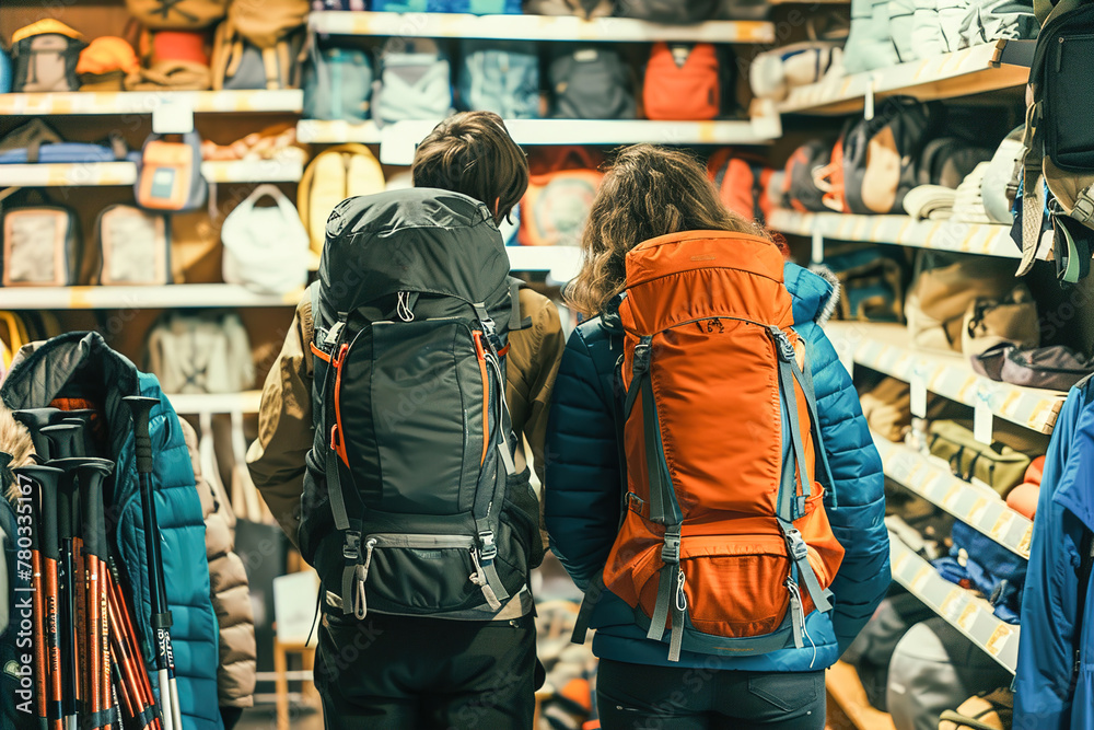 Obraz premium Outdoor enthusiasts examining durable hiking poles and backpacks displayed on racks filled with camping and hiking equipment in a retail store.