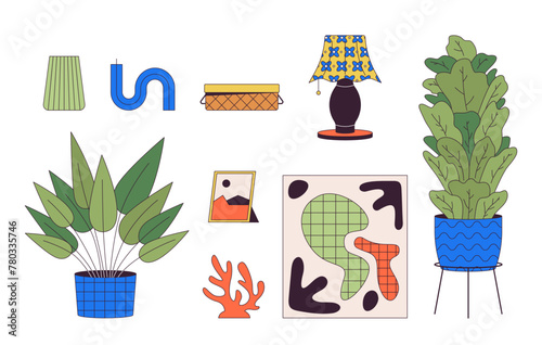 Domestic atmosphere essentials 2D linear cartoon objects set. Interior design maintaining isolated line vector elements white background. Coziness at home color flat spot illustration collection