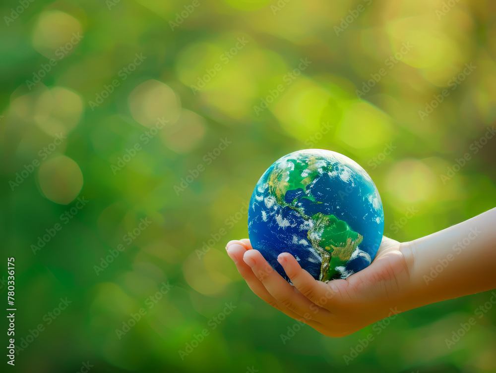 Hand holding a small globe with bokeh greenery backdrop, representing environmental care Hand holding a small globe with bokeh greenery backdrop, representing environmental care
