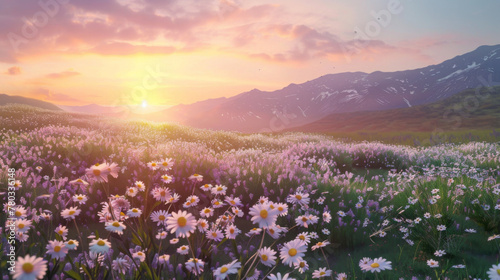 Beautiful summer landscape with a daisy field in the mountains at sunset, high resolution photo