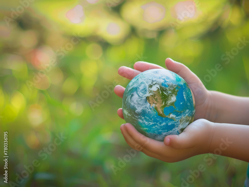 Hand holding a small globe with bokeh greenery backdrop, representing environmental care