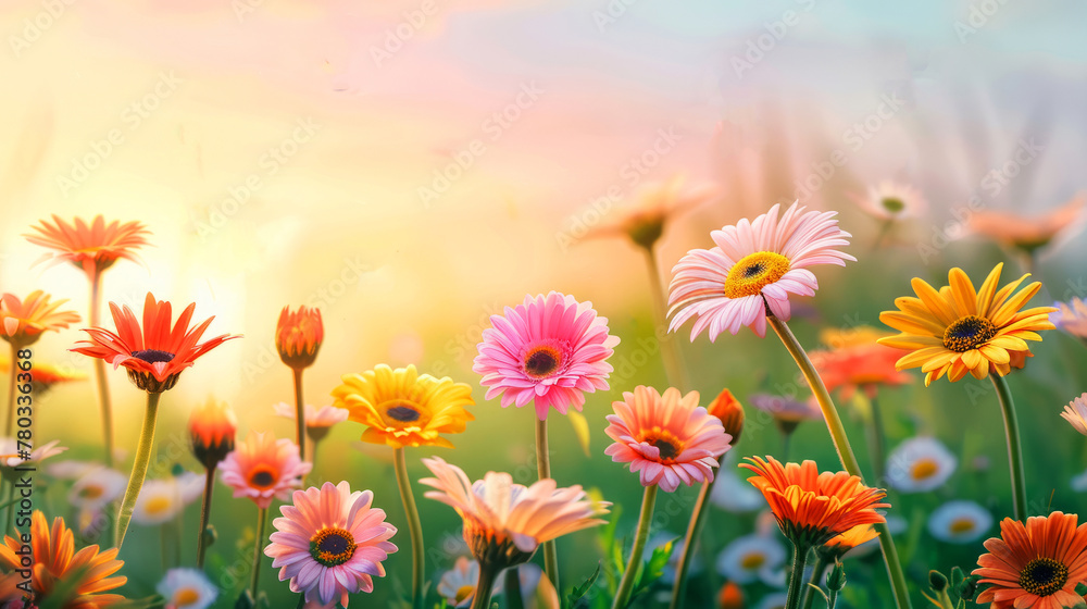 Multicolored daisy flowers in a field with a soft sunset glow and flying butterflies, serene nature scene Multicolored daisy flowers in a field with a soft sunset glow and flying butterflies, serene nature scene