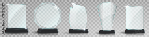 Glass award trophy set. Transparent prize template. Winner first place concept. Vector illustration. Winner glass trophy. First place award, crystal prize and signed acrylic trophies. Glass awarding t