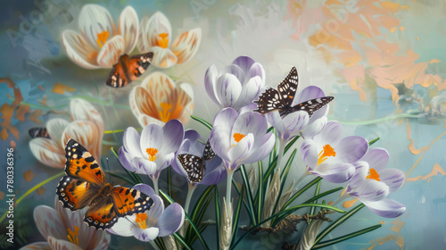 Oil painting of butterflies and crocuses  merging nature and artistry