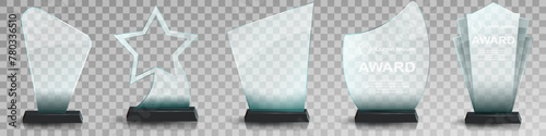 Glass award trophy set. Transparent prize template. Winner first place concept. Vector illustration. Winner glass trophy. First place award, crystal prize and signed acrylic trophies. Glass awarding t
