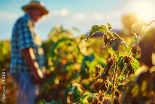 Concerned farmer examining withered crops due to intense heatwave and drought conditions