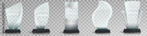 Glass award trophy set. Transparent prize template. Winner first place concept. Vector illustration. Winner glass trophy. First place award, crystal prize and signed acrylic trophies. Glass awarding t