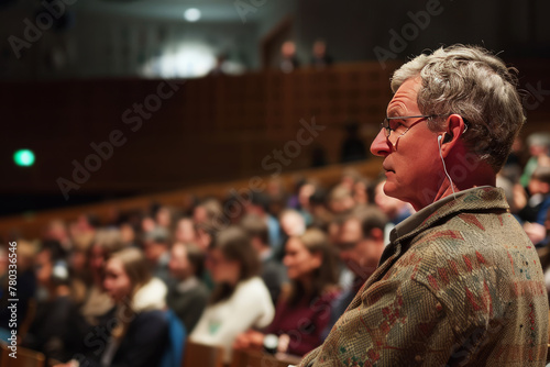 Attentive audience member listening at a public lecture on global warming, focus on a thoughtful individual