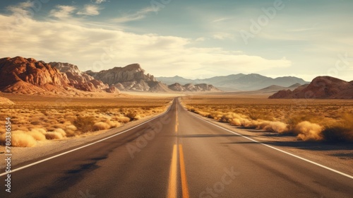 Panorama view of an endless straight road running through the barren scenery of the American Southwest with extreme heat haze on a beautiful hot sunny day with blue sky in summer