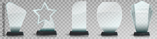 Glass award trophy set. Transparent prize template. Winner first place concept. Vector illustration. Winner glass trophy. First place award, crystal prize and signed acrylic trophies. Glass awarding t