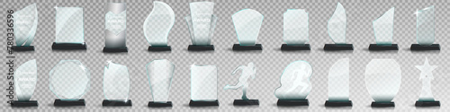 Glass award trophy set. Transparent prize template. Winner first place concept. Vector illustration. Winner glass trophy. First place award, crystal prize and signed acrylic trophies. Glass awarding t