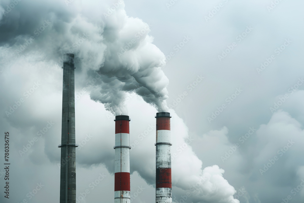 Industrial smokestacks billowing smoke, visualizing environmental pollution concerns