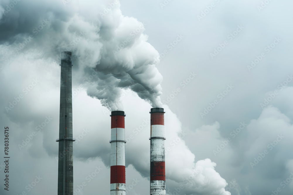Industrial smokestacks billowing smoke, visualizing environmental pollution concerns Industrial smokestacks billowing smoke, visualizing environmental pollution concerns