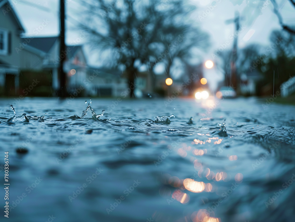 Fototapeta premium La Nina effect with intense rain causing flooded streets, focus on water surface and urban backdrop