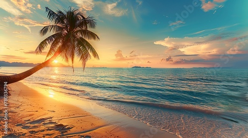 At sunset time on the tropical beach and sea with coconut palm tree ,Generative ai,  © irvan