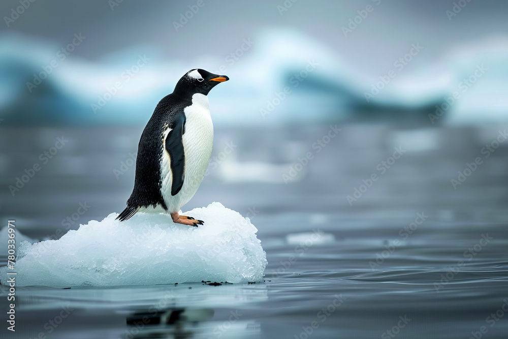 Obraz premium Gentoo penguin standing on a melting ice floe, highlighting climate change and its impact on wildlife