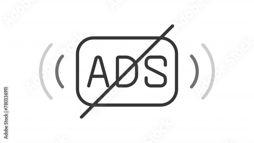 Ad-free line animation. Animated crossed out ads sign icon. Streaming without ads. Subscription plan. Black illustration on white background. HD video with alpha channel. Motion graphic photo
