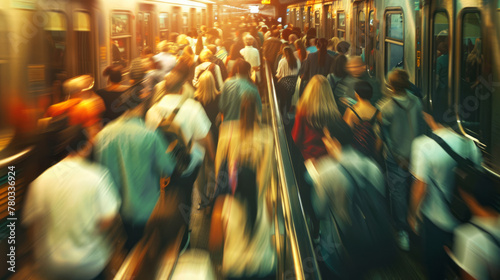 Blurred motion of an overcrowded subway station indicating city life and overpopulation challenges photo