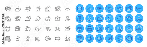 Video conference, Computer security and Certificate line icons pack. Coffee break, Fake news, Water bowl web icon. Microscope, Fraud, Bowl dish pictogram. Sun protection, Popcorn, Leaf. Vector