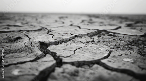 Monochrome close-up of desiccated soil portraying severe drought conditions photo