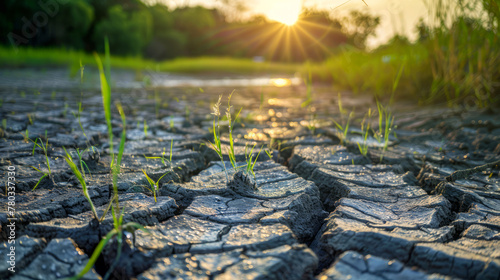 Sunlight piercing through the drying cracks of a parched creek bed, climate impact visual photo