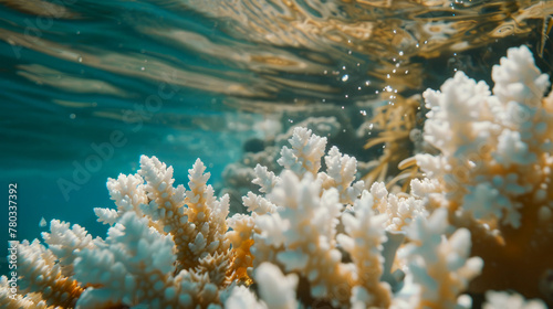 Vibrant coral reef under threat from global warming, facing bleaching and environmental stress