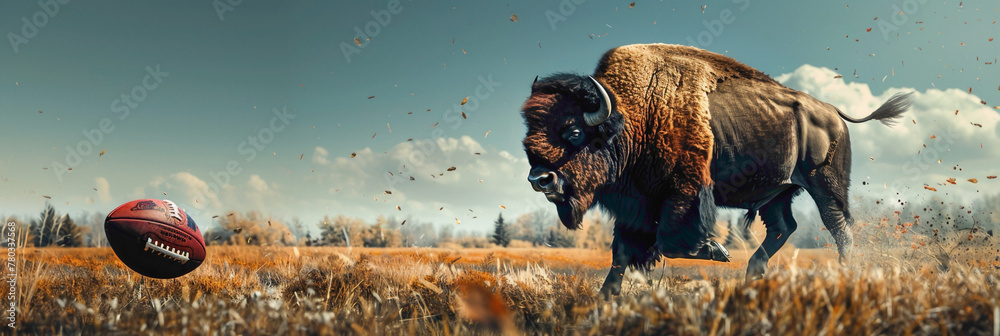 a Bison playing with football beautiful animal photography like living creature - obrazy, fototapety, plakaty 