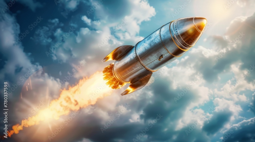 Close-up of an aluminum rocket, silver hue with gold highlights, soaring up as a beacon of innovation and startup success Close-up of an aluminum rocket, silver hue with gold highlights, soaring up as a beacon of innovation and startup success