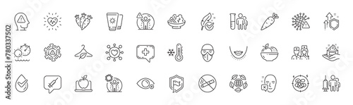 Eco organic, Tanning time and Mental health line icons. Pack of Dating, Social distance, Dermatologically tested icon. Farsightedness, Fruits, Medical analyzes pictogram. Line icons. Vector