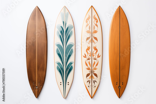 collection of Vintage Wooden Fishboard Surfboards, retro bohemian style, isolate on white background photo