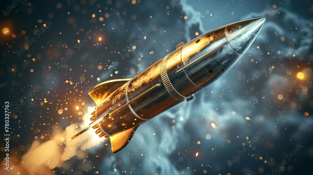 Obraz premium An aluminum rocket, bathed in silver and gold, flies up, symbolizing a clear, crystal vision of innovation
