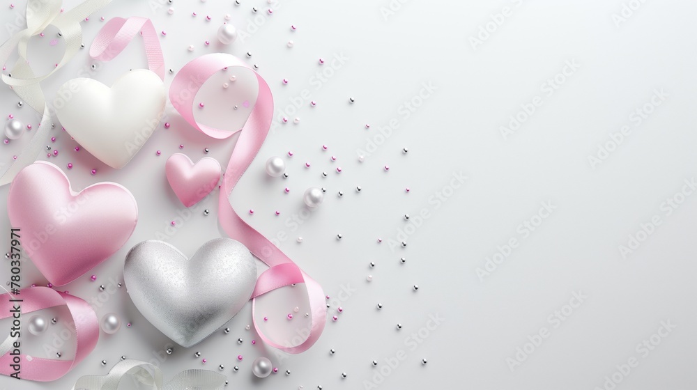 Decorative hearts and ribbons with pearls on a light background