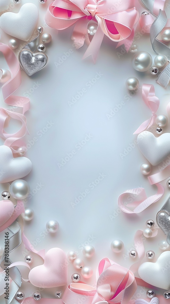Elegant pink and silver hearts and ribbons with pearls on a soft background Elegant pink and silver hearts and ribbons with pearls on a soft background