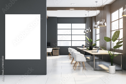 Modern spacious wooden and concrete coworking office interior with empty white mock up banner on wall, panoramic windows and city view, dark walls. Workplace concept. 3D Rendering.