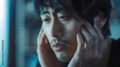 Asian Man Experiencing Temporomandibular Joint and Muscle Disorder with Hand on Cheek in Contemplative Expression photo
