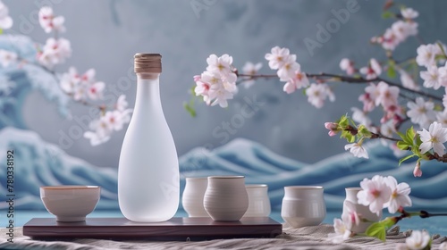 Minimalist Sake Set on Wooden Tray with Cherry Blossoms