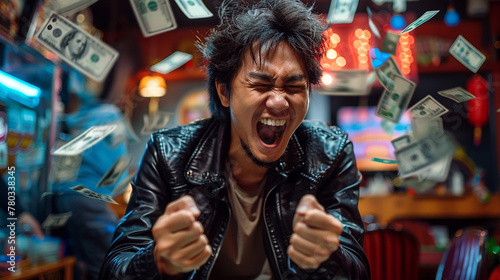 Euphoric and happy Asian gambler celebrating winning money in bets