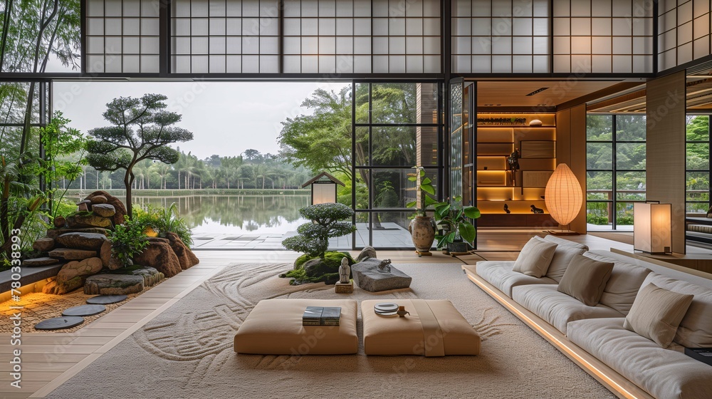Modern Japanese-style Living Room with Lake View