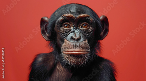 a Bonobo Grunting, studio shot, against solid color background, hyperrealistic photography, blank space for writing © MUHAMMADINAAM
