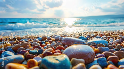 Beautiful colorful stones by the sea on the beach ,Generative ai,