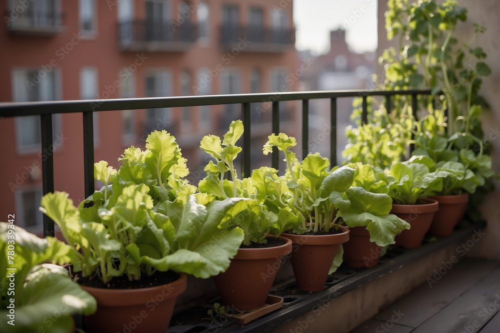 Städtische Selbstversorgung und grüne Lebensräume - Töpfe mit Salatpflanzen als Balkongarten in der Stadt