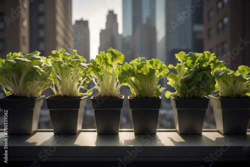 Urbanes Gärtnern in der Stadt: Junge Salatpflanzen in Töpfen vor einer dramatischen Skyline