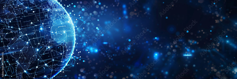A blue gradient background with a digital globe earth and circuit board elements, representing global network technology. , futuristic,conection world A blue gradient background with a digital globe earth and circuit board elements, representing global network technology. , futuristic,conection world