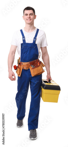 Professional repairman with tool box on white background