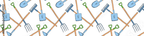Seamless pattern with garden equipment: shovels, spades, rakes, hoes, pitchforks. Vector backgrounds and textures with tools for working on the farm, in dacha, country site in flat doodle style.